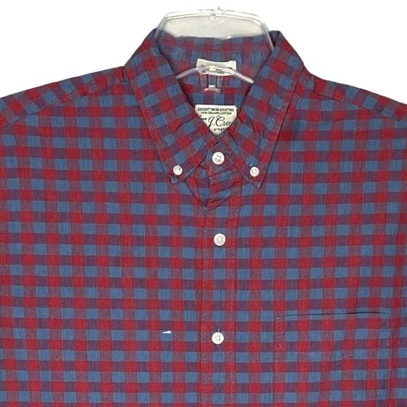 J Crew Shirt Mens Medium Red‎ Gingham Plaid Slim Untucked Career Casual Preppy - Picture 3 of 9
